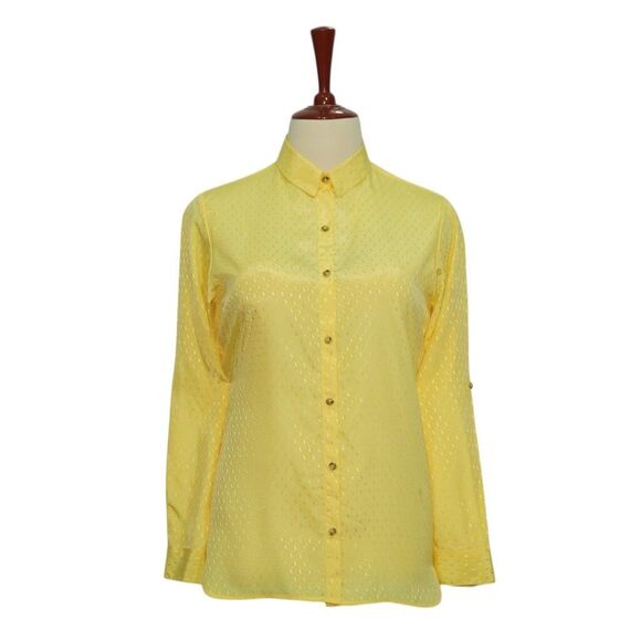 Womens Silky Satin Shirt Yellow Blouse Button Up Casual Dressy Top Medium Work - Picture 1 of 7